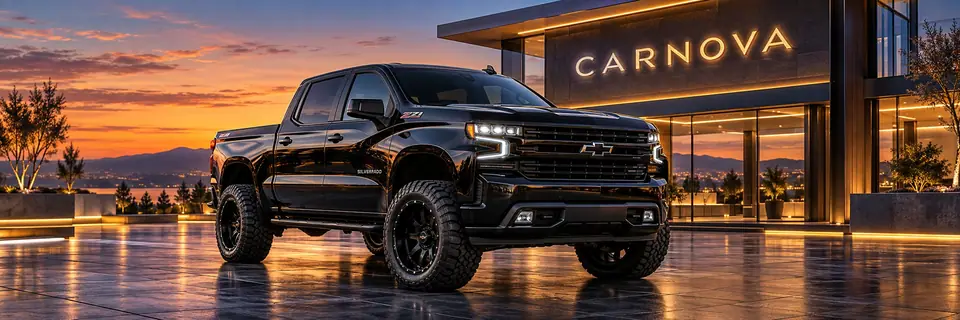 Lifted black-on-black Chevrolet Silverado custom truck in front of CARNOVA in Dallas